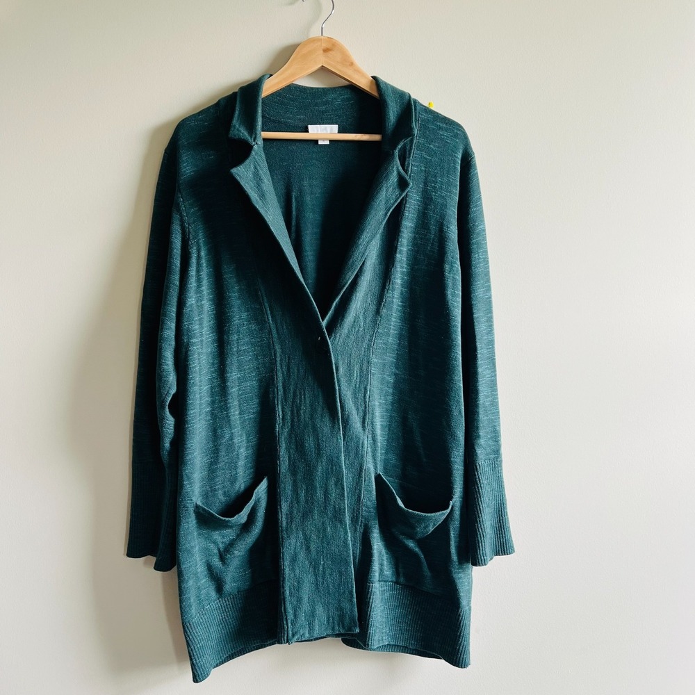 J JILL Green Long Knit Cardigan Pocket Jacket Sz XL button Women Office Casual